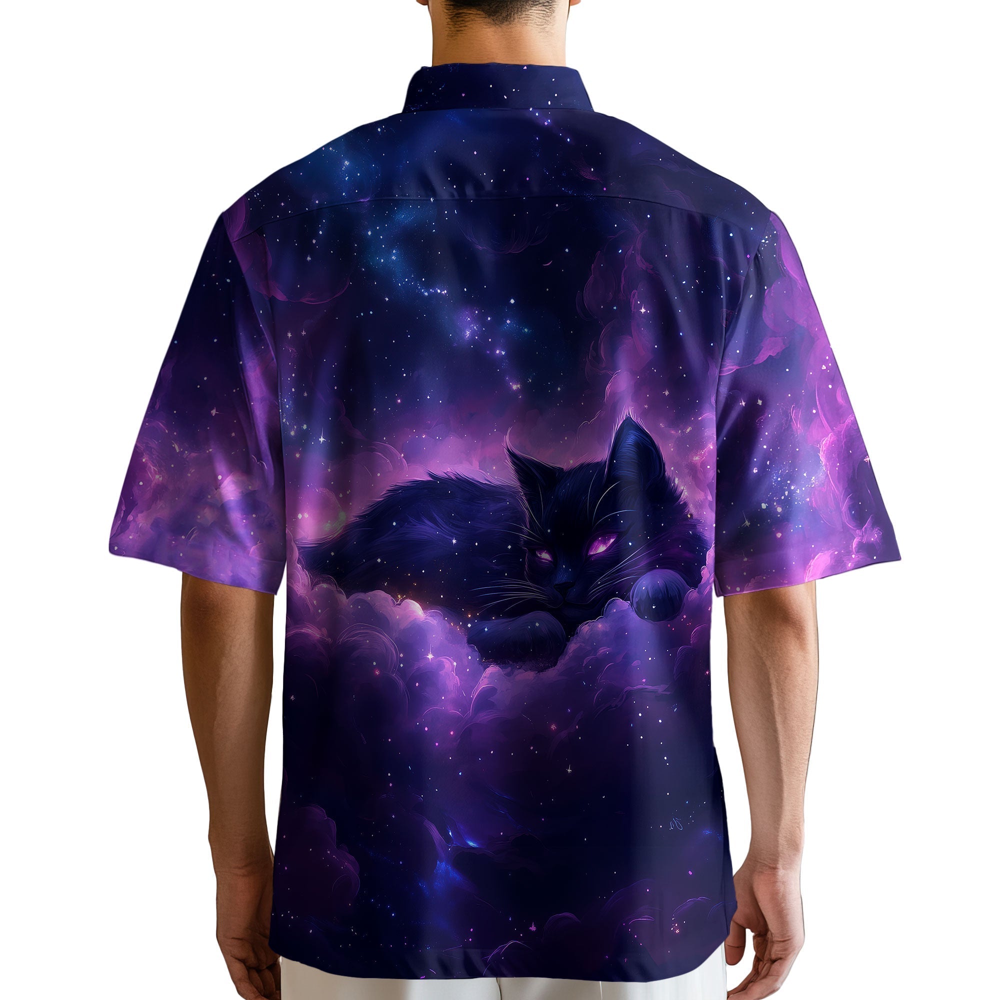 Galaxy With Cat Nerdy Retro Space Button Up Shirt