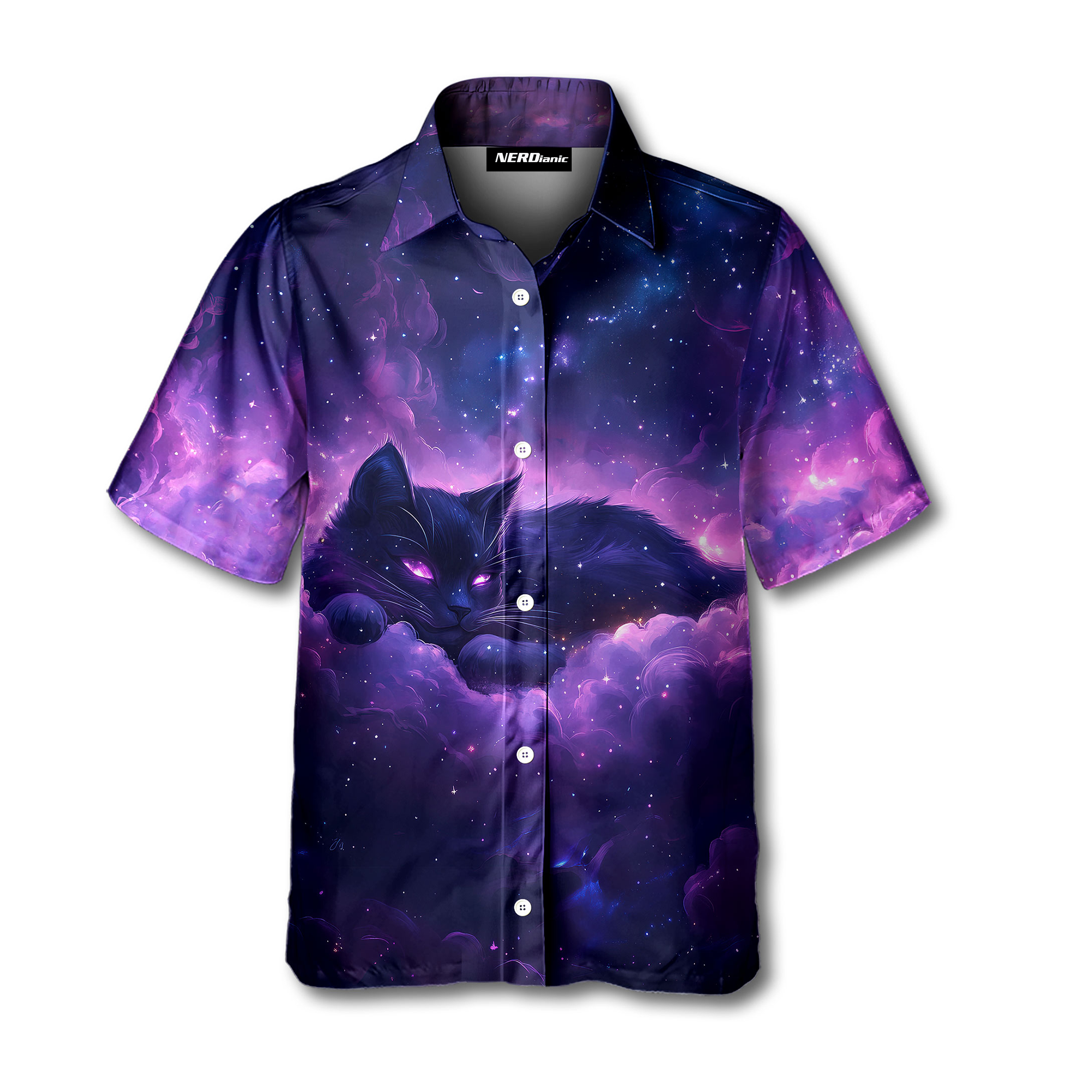 Galaxy With Cat Nerdy Retro Space Button Up Shirt