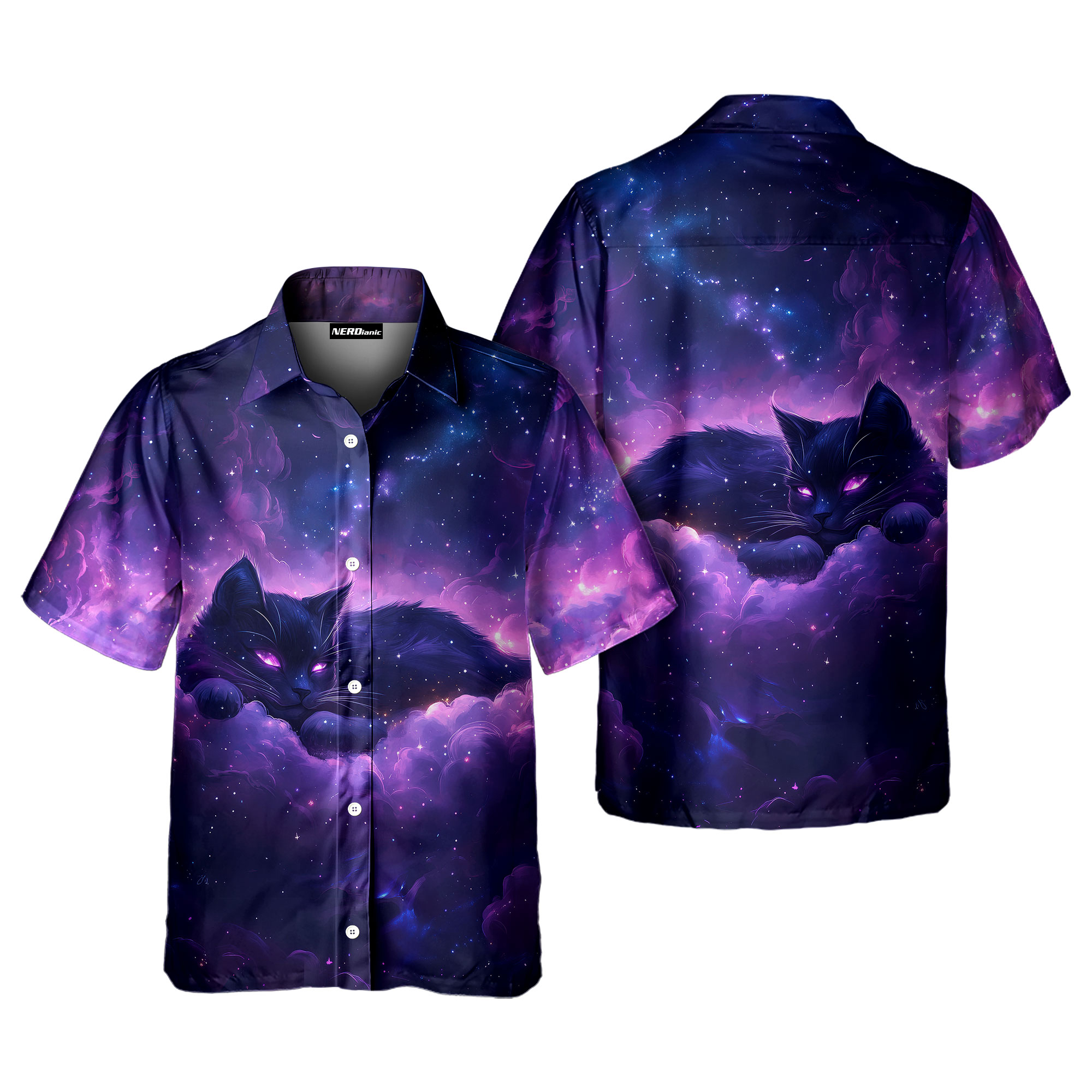 Galaxy With Cat Nerdy Retro Space Button Up Shirt