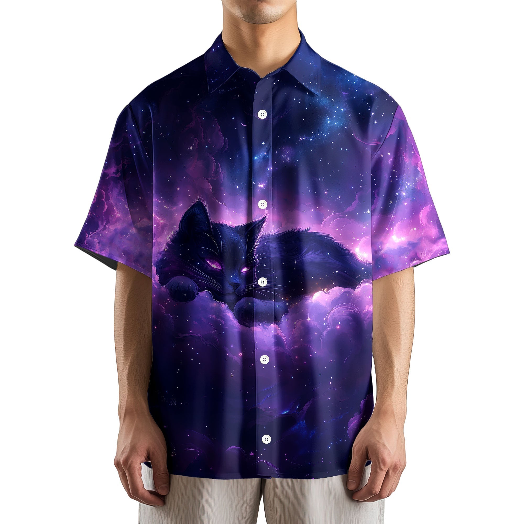 Galaxy With Cat Nerdy Retro Space Button Up Shirt